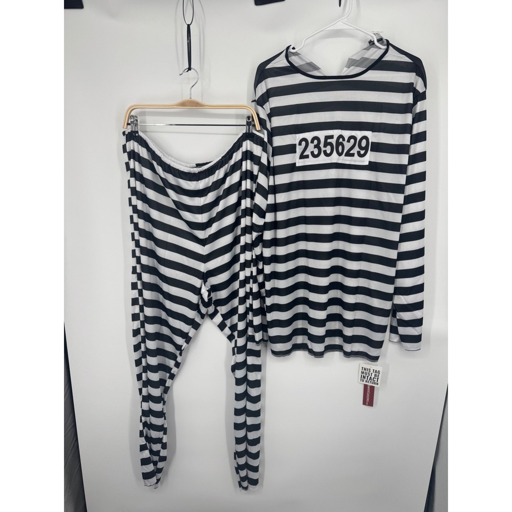 NWT Halloween‎ Costumes Prison Jail Set Men's XL Black White Striped Retro
